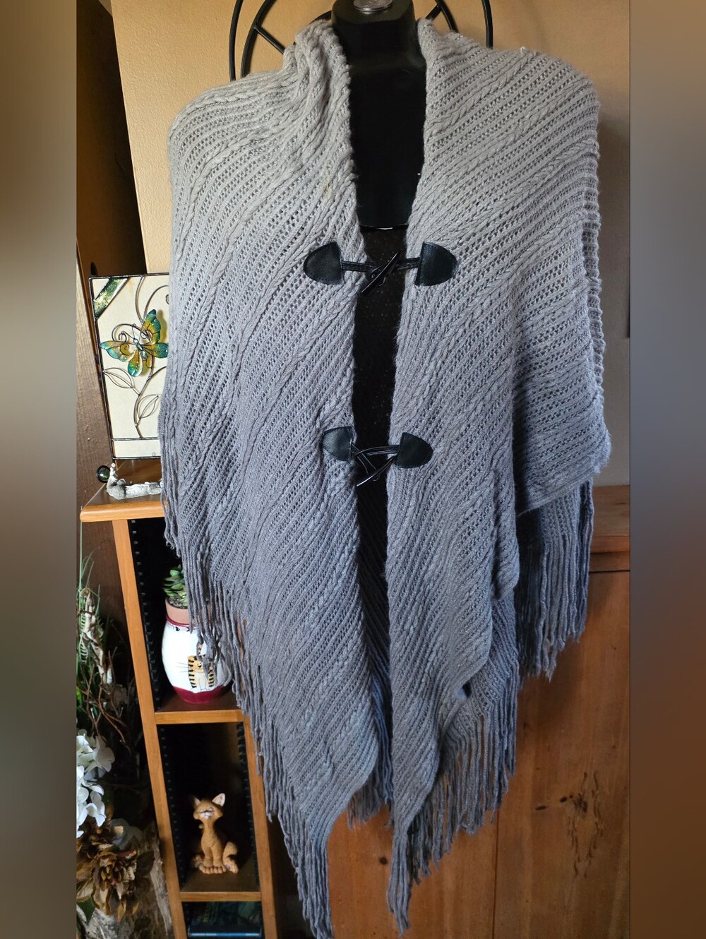 Cozy Gray Double Layered Fringe Knit Boho Poncho Sweater with Toggle Closures